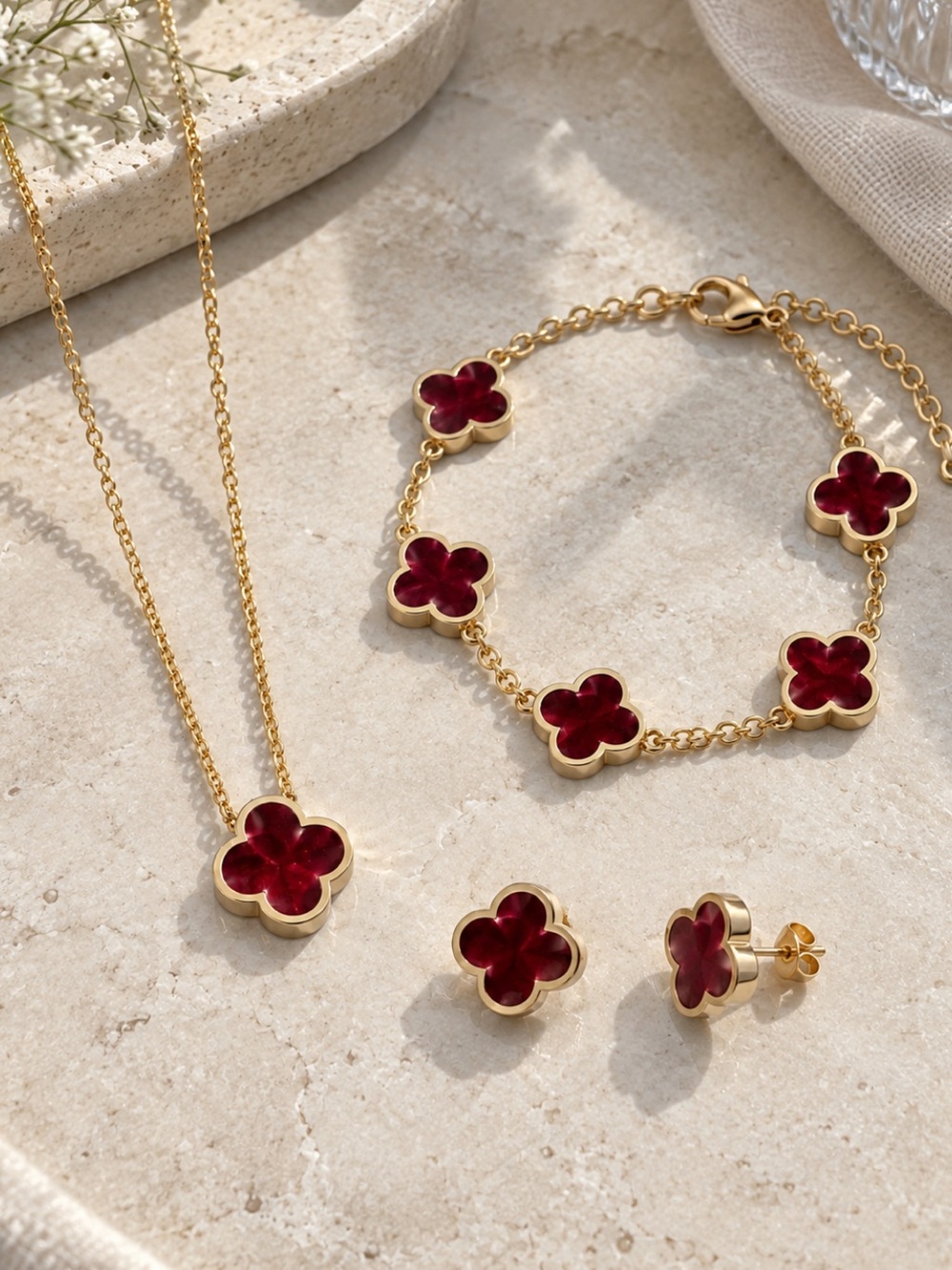 18K Gold Red Clover Jewelry Set Van Cleef Style Necklace Bracelet Stud Earrings